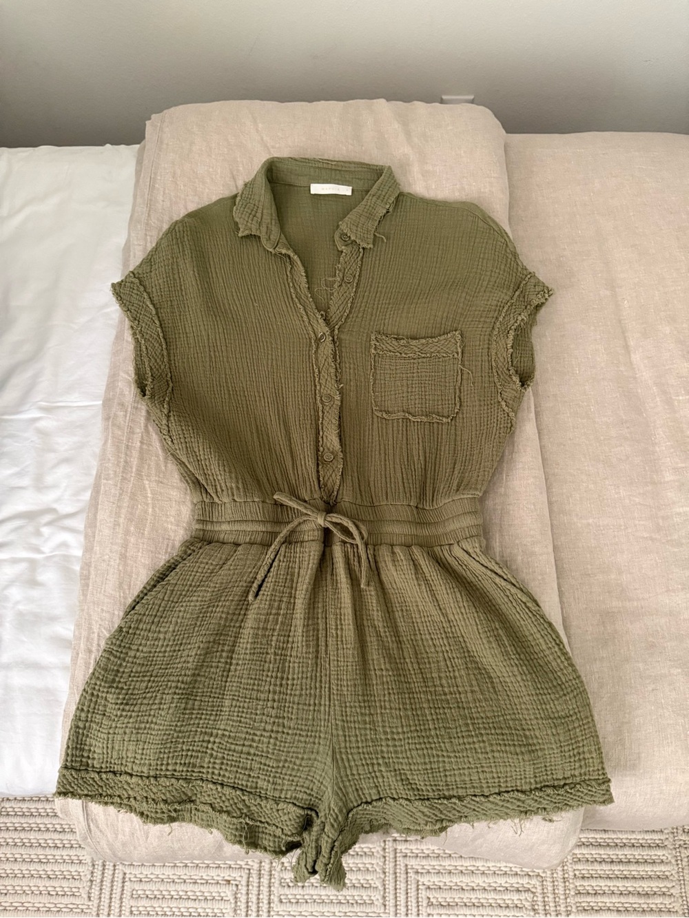 Olive Green Gauze Tie-Waist Romper Size MED